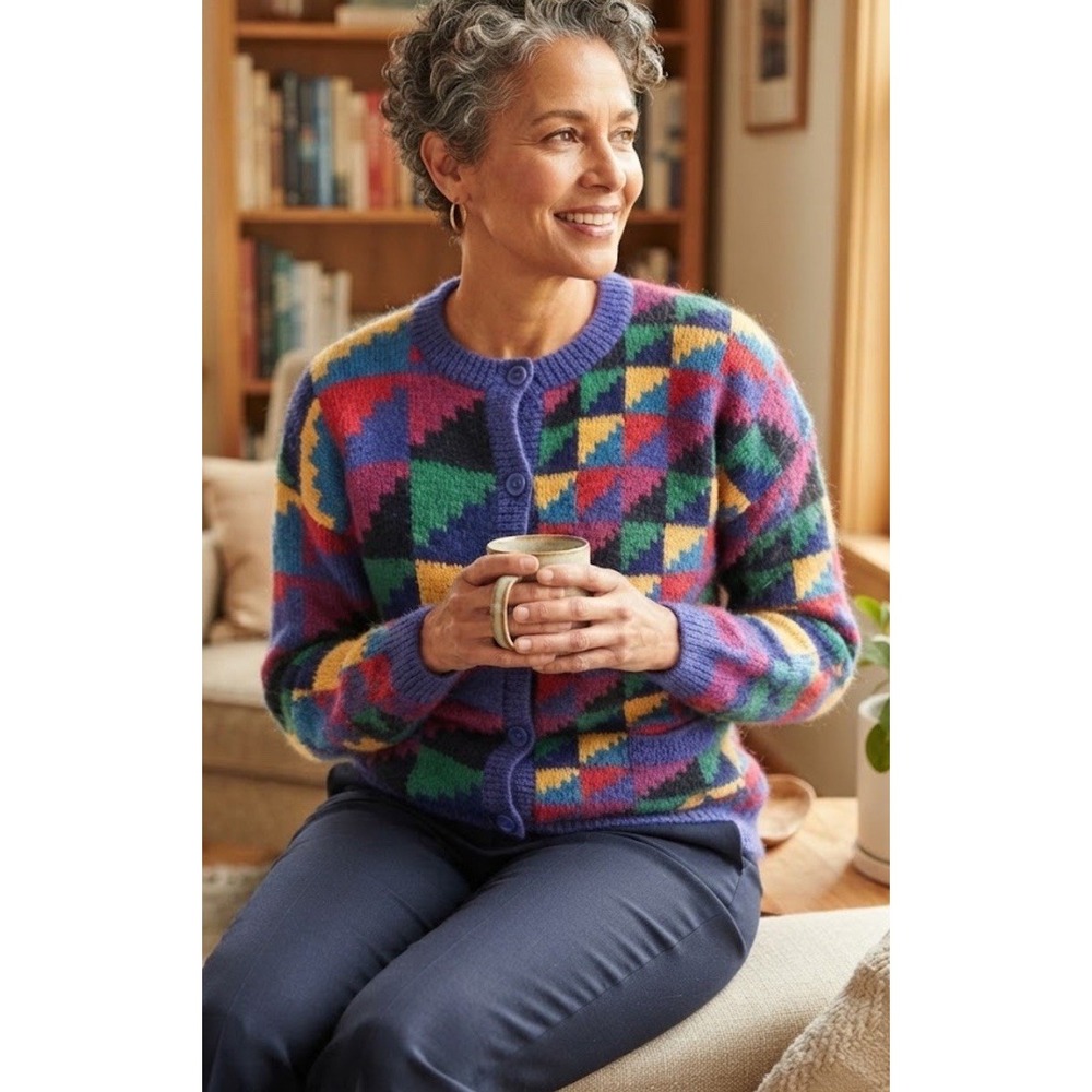 Vintage Peruvian Connection Cardigan Sz Med Alpaca Hand Knit Geometric 80s 90s